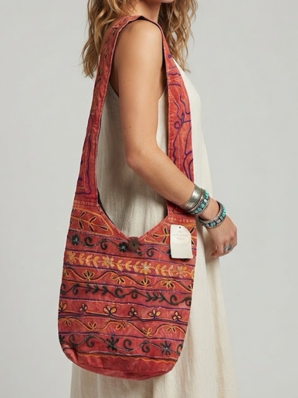 The Collection Royal Boho Embroidered Crossbody cotton Tote Bag in acid wash Red